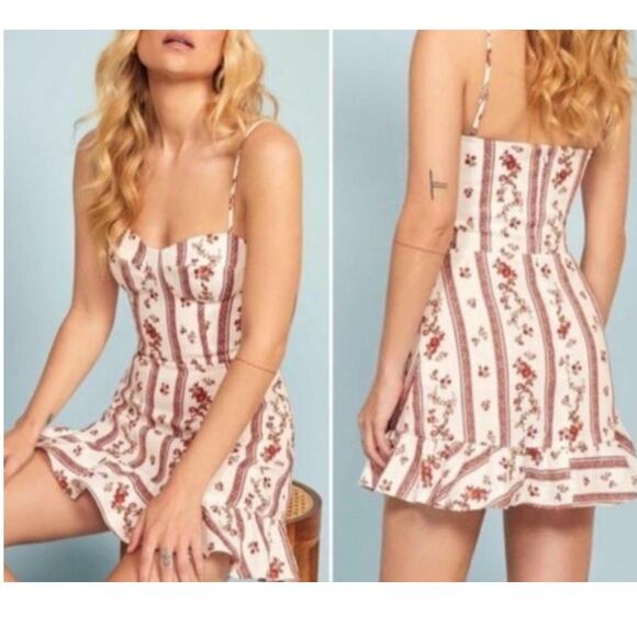 Reformation Mariana Dress White Red Floral Linen Mini Ruffle Hem Sz 4 NWT